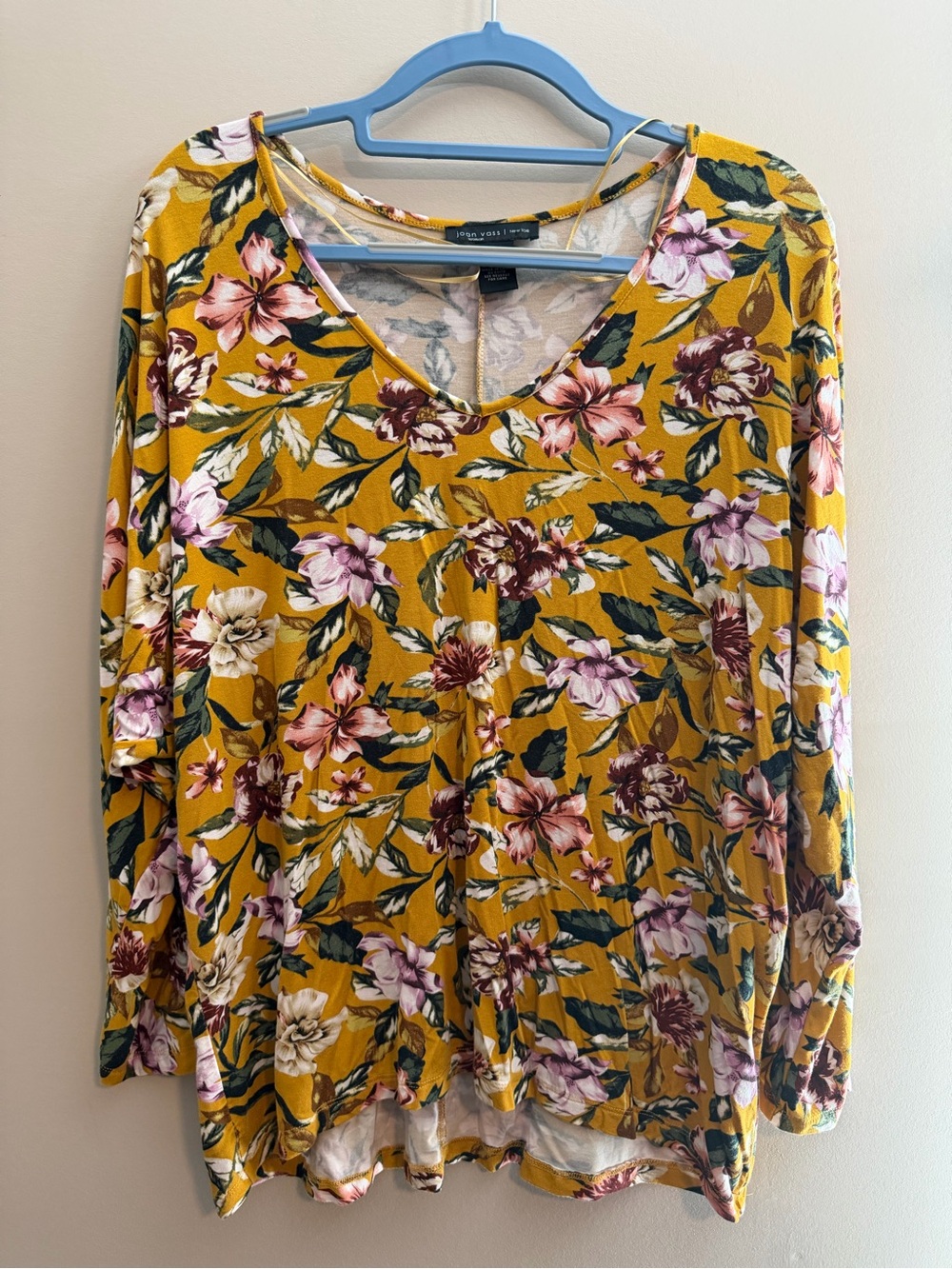 Joan Vass Mustard Floral Long-Sleeve V-Neck Top